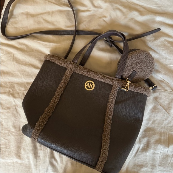 Anne Klein Women Expresso Faux Pebble Leather Fur Trimmed Satchel Purse Tote - Picture 1 of 3